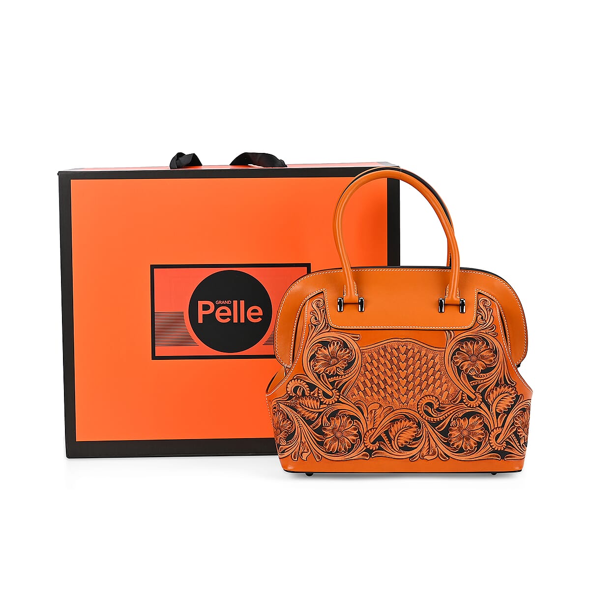 Grand Pelle Royal Collection Orange with Solid Color Hand Engraving Flower Pattern Genuine Leather Tote Bag with Handle Drop image number 5