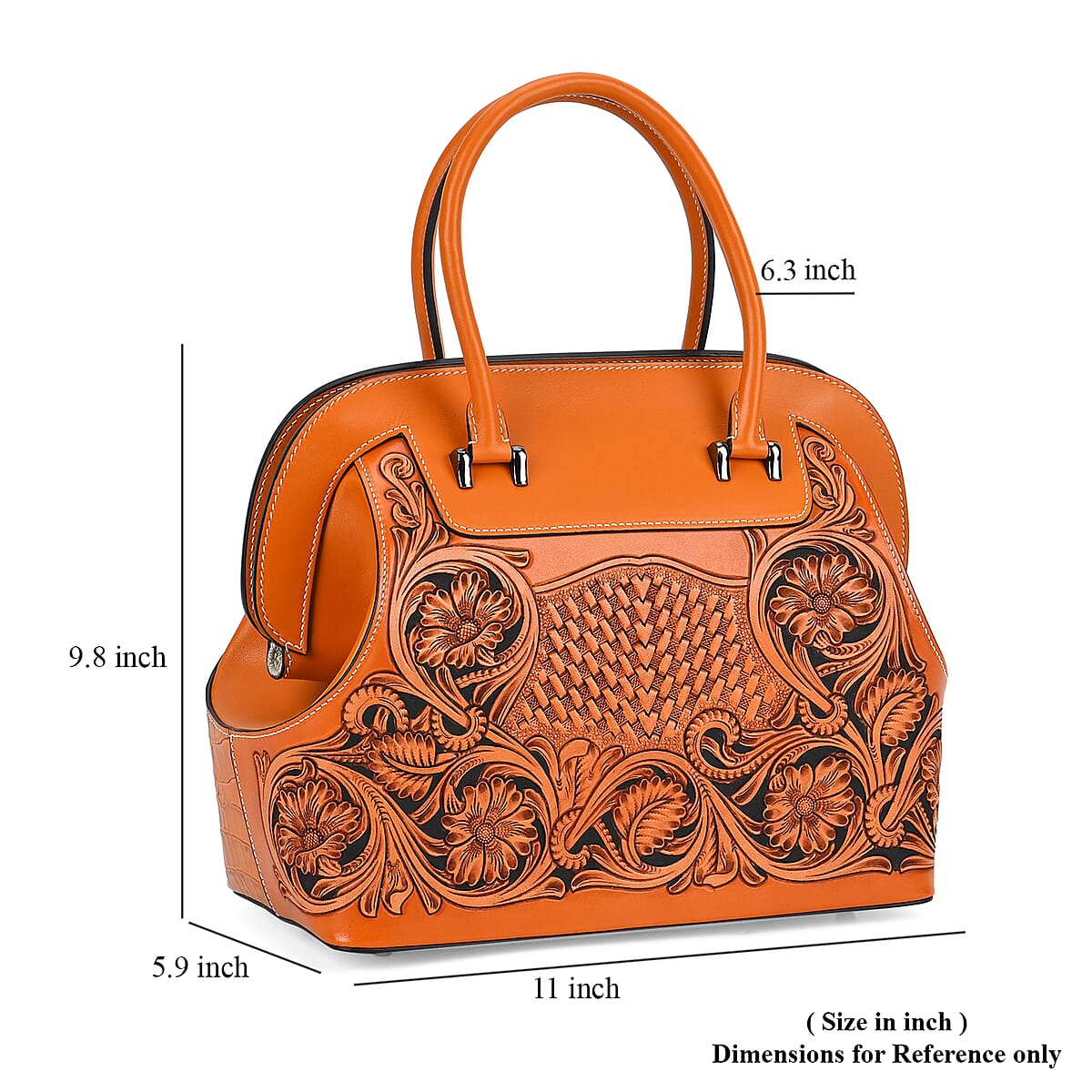 Grand Pelle Royal Collection Orange with Solid Color Hand Engraving Flower Pattern Genuine Leather Tote Bag with Handle Drop image number 6