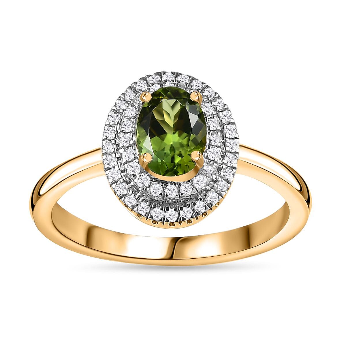 Luxoro 14K Green Gold AAA Natural Calabar Green Tourmaline and G-H I2 Diamond Double Halo Ring (Size 10.0) 1.00 ctw image number 0