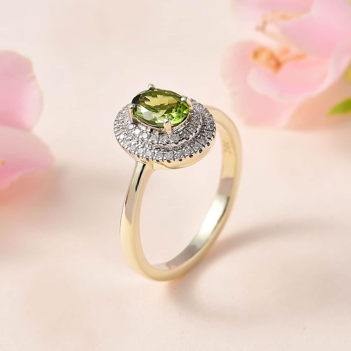 Luxoro AAA Natural Arikanga Green Tourmaline and G-H I2 Diamond 1.00 ctw Double Halo Ring in 14K Green Gold (Size 11.0) image number 1