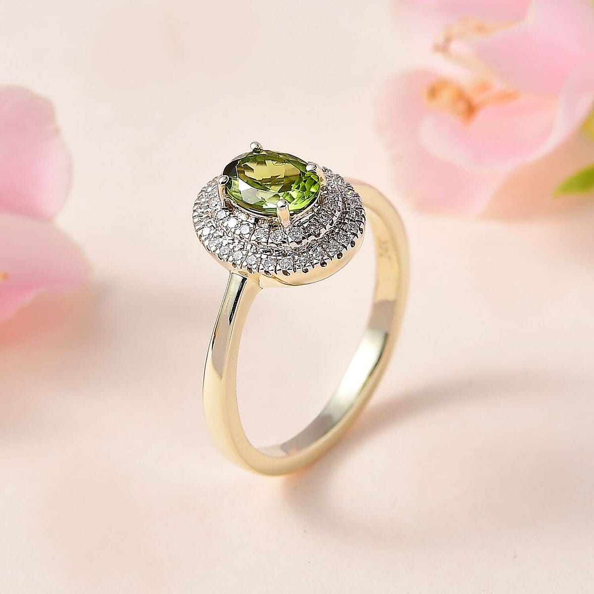 Luxoro AAA Natural Calabar Green Tourmaline and G-H I2 Diamond 1.00 ctw Double Halo Ring in 14K Green Gold (Size 12.0) image number 1