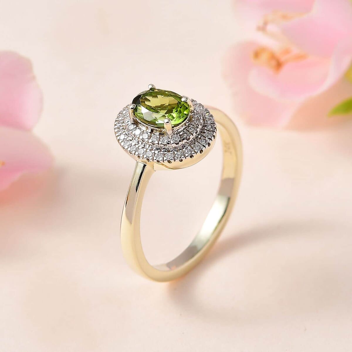 Luxoro AAA Natural Arikanga Green Tourmaline and G-H I2 Diamond 1.00 ctw Double Halo Ring in 14K Green Gold (Size 6.0) image number 1