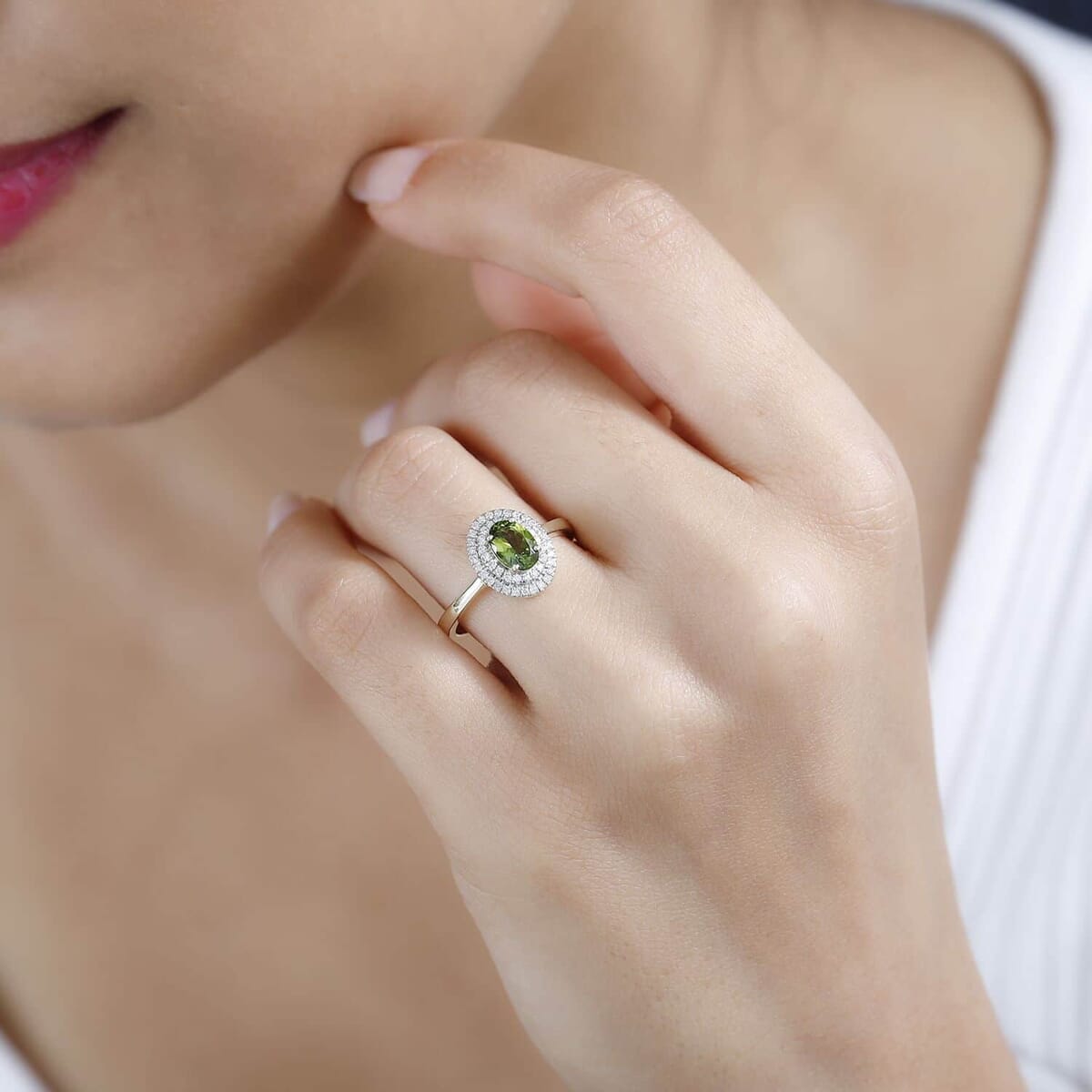 Luxoro AAA Natural Arikanga Green Tourmaline and G-H I2 Diamond 1.00 ctw Double Halo Ring in 14K Green Gold (Size 6.0) image number 2