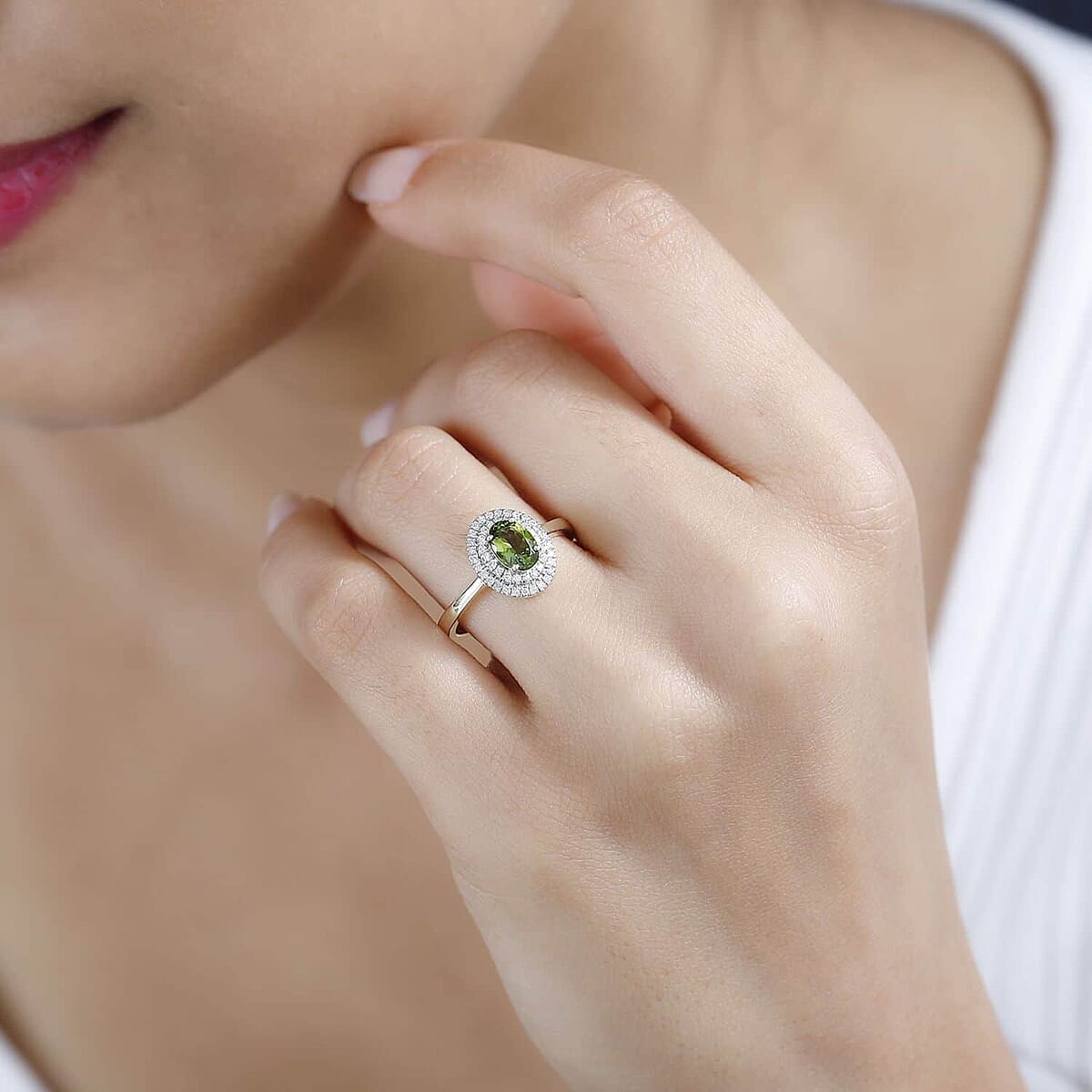 Luxoro AAA Natural Calabar Green Tourmaline and G-H I2 Diamond 1.00 ctw Double Halo Ring in 14K Green Gold (Size 7.5) image number 2