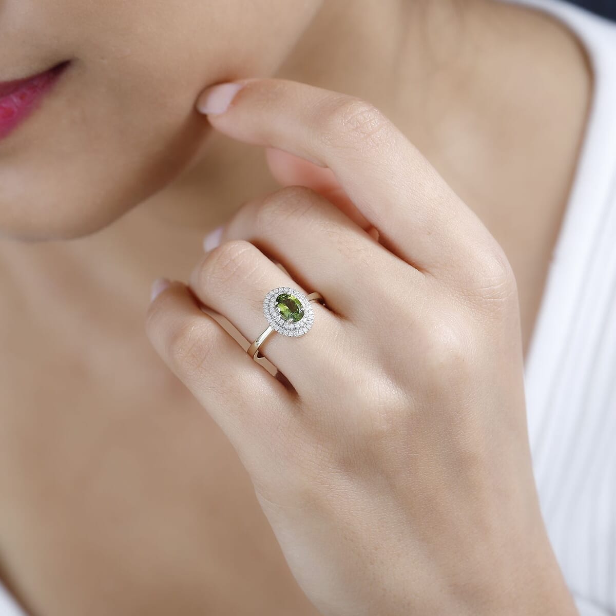 Luxoro AAA Natural Arikanga Green Tourmaline and G-H I2 Diamond 1.00 ctw Double Halo Ring in 14K Green Gold (Size 8.0) image number 2
