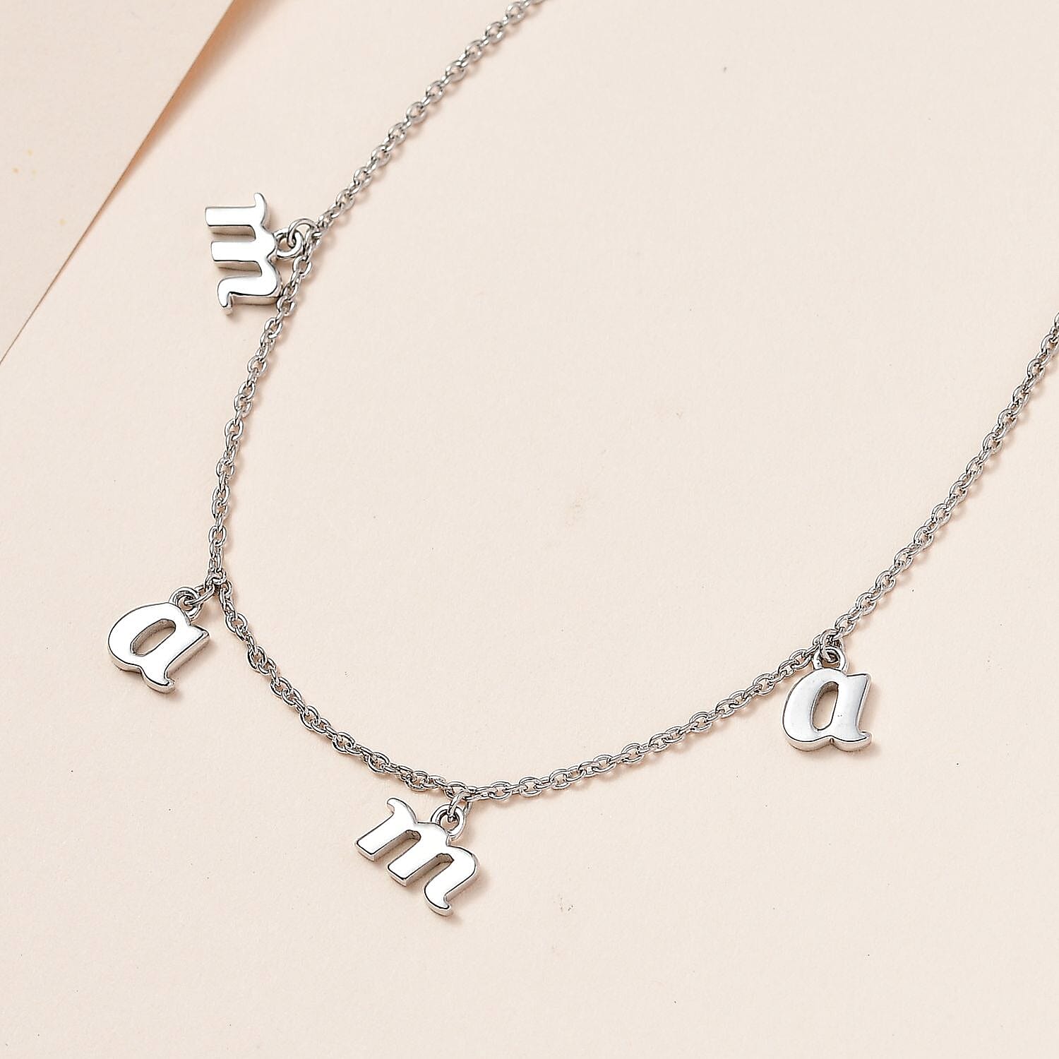 Platinum Over Sterling Silver Mama Station Necklace 18-20 Inches 12.40 Grams