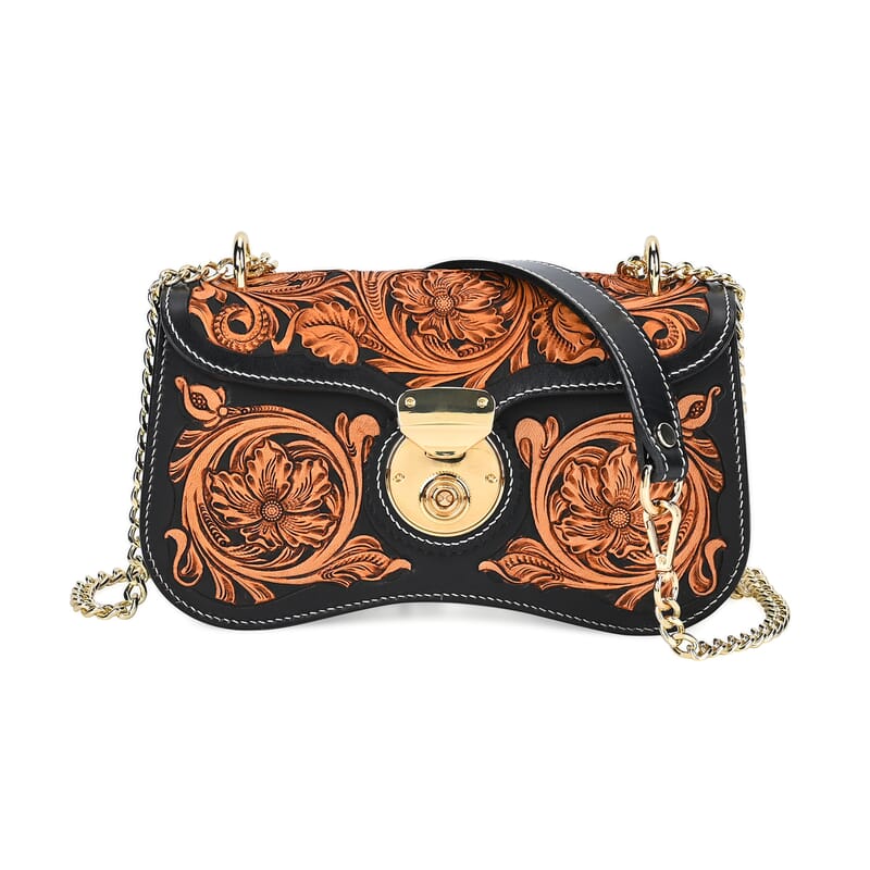 Grand Pelle Royal Collection Black with Solid Color Hand Engraving Flower Pattern Genuine Leather Crossbody Bag with Shoulder Strap