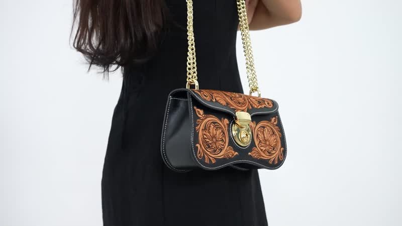 Grand Pelle Black with Solid Color Hand Engraving Flower Pattern Genuine Leather Crossbody Bag (9"x5.1"x2.75") with Shoulder Strap