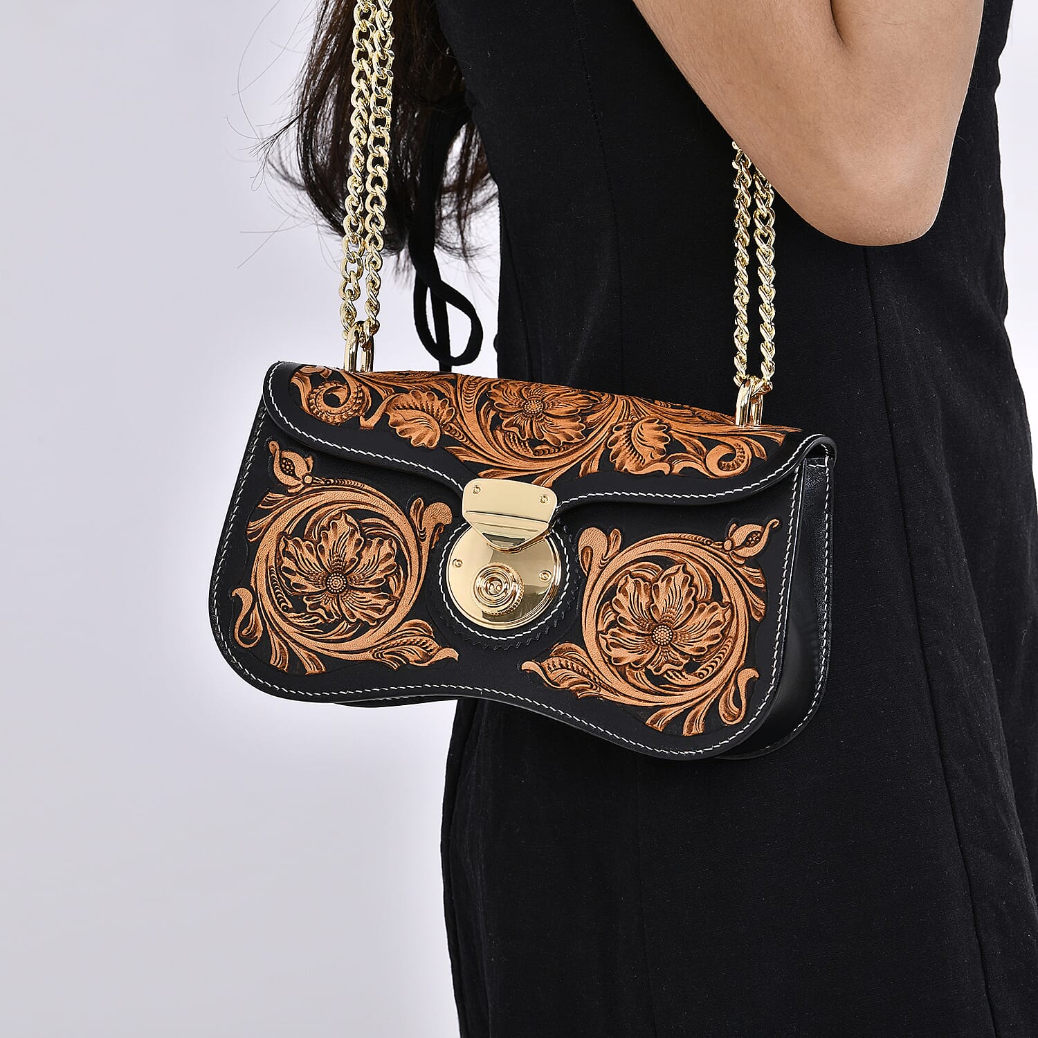 Grand Pelle Royal Collection Black with Solid Color Hand Engraving Flower Pattern Genuine Leather Crossbody Bag with Shoulder Strap