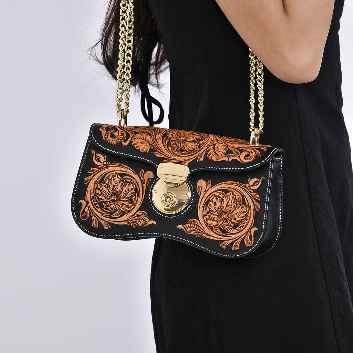 Grand Pelle Royal Collection Black with Solid Color Hand Engraving Flower Pattern Genuine Leather Crossbody Bag with Shoulder Strap image number 2