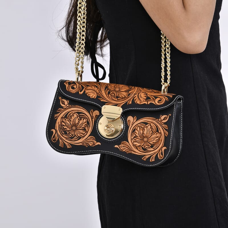 Grand Pelle Royal Collection Black with Solid Color Hand Engraving Flower Pattern Genuine Leather Crossbody Bag with Shoulder Strap