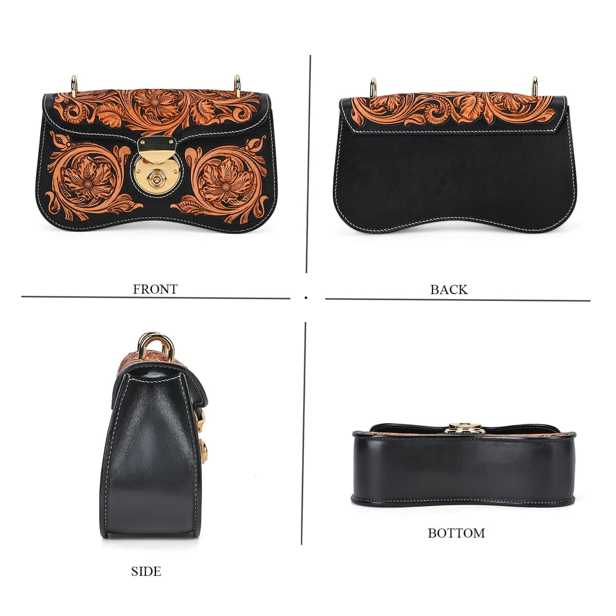 Grand Pelle Royal Collection Black with Solid Color Hand Engraving Flower Pattern Genuine Leather Crossbody Bag with Shoulder Strap image number 3