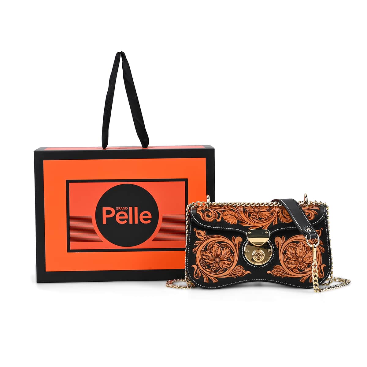 Grand Pelle Black with Solid Color Hand Engraving Flower Pattern Genuine Leather Crossbody Bag (9"x5.1"x2.75") with Shoulder Strap image number 5