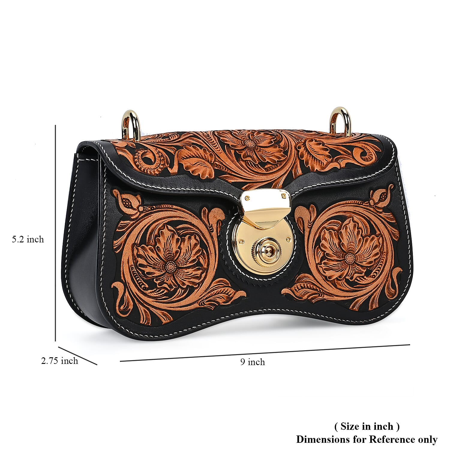 Grand Pelle Royal Collection Black with Solid Color Hand Engraving Flower Pattern Genuine Leather Crossbody Bag with Shoulder Strap