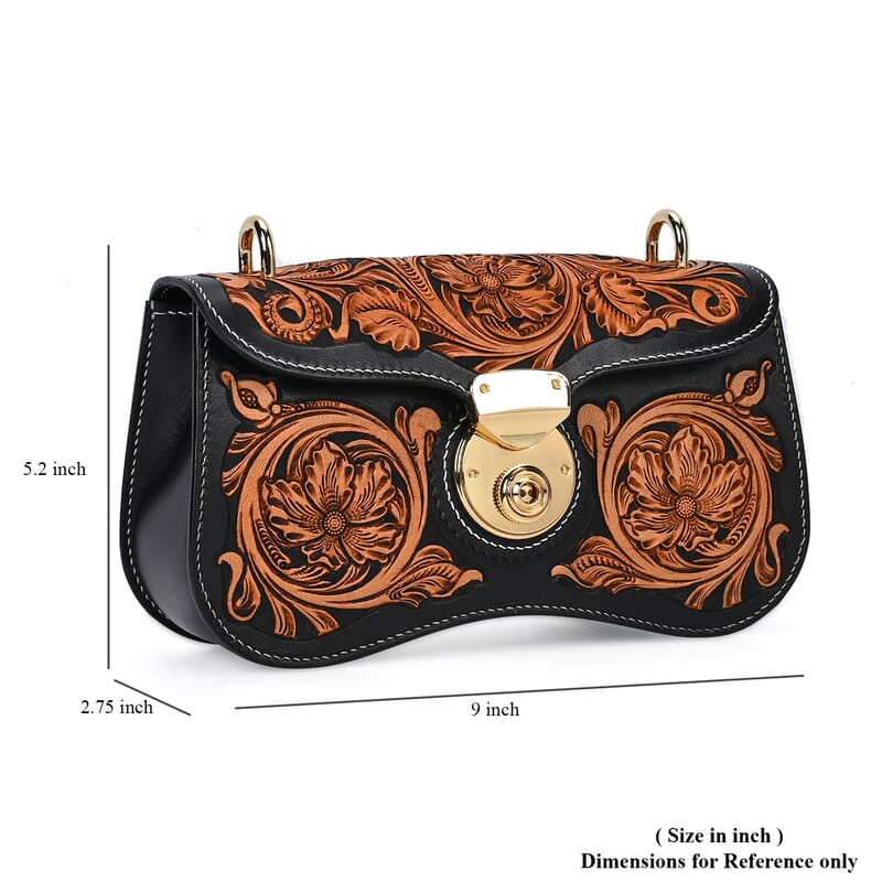 Grand Pelle Royal Collection Black with Solid Color Hand Engraving Flower Pattern Genuine Leather Crossbody Bag with Shoulder Strap