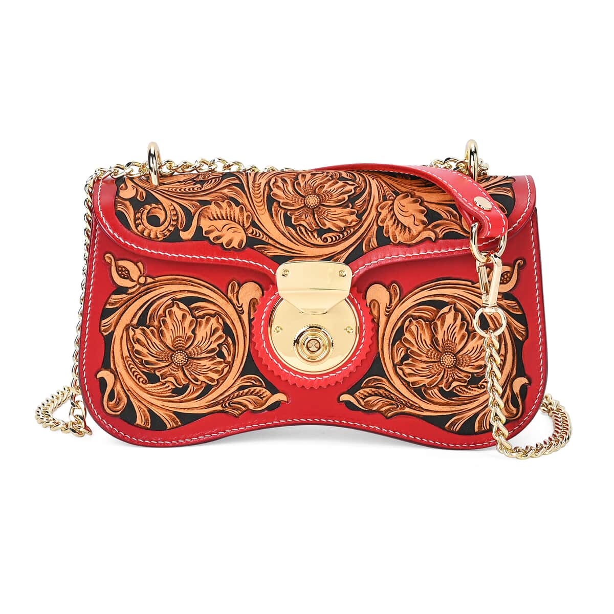 Grand Pelle Royal Collection Red with Solid Color Hand Engraving Flower Pattern Genuine Leather Crossbody Bag with Shoulder Strap image number 0