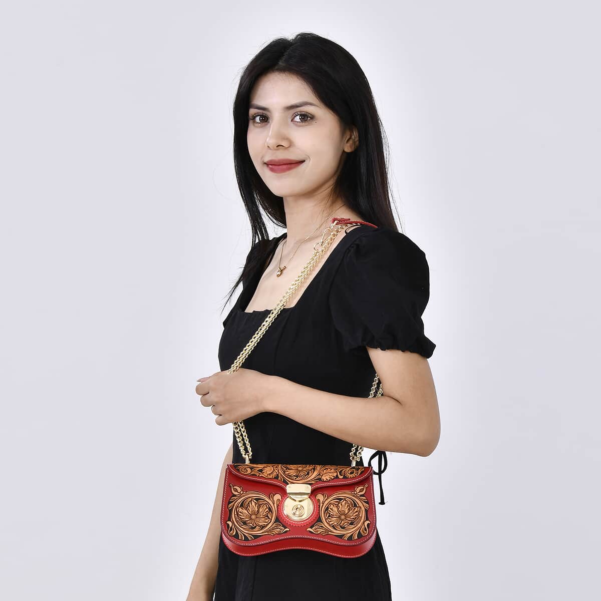 Grand Pelle Royal Collection Red with Solid Color Hand Engraving Flower Pattern Genuine Leather Crossbody Bag with Shoulder Strap image number 1