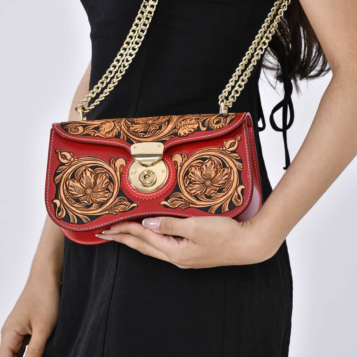 Grand Pelle Royal Collection Red with Solid Color Hand Engraving Flower Pattern Genuine Leather Crossbody Bag with Shoulder Strap image number 2