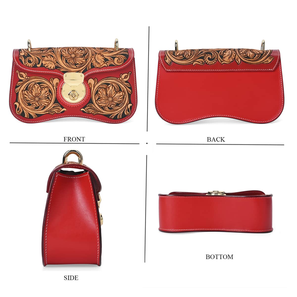 Grand Pelle Royal Collection Red with Solid Color Hand Engraving Flower Pattern Genuine Leather Crossbody Bag with Shoulder Strap image number 3