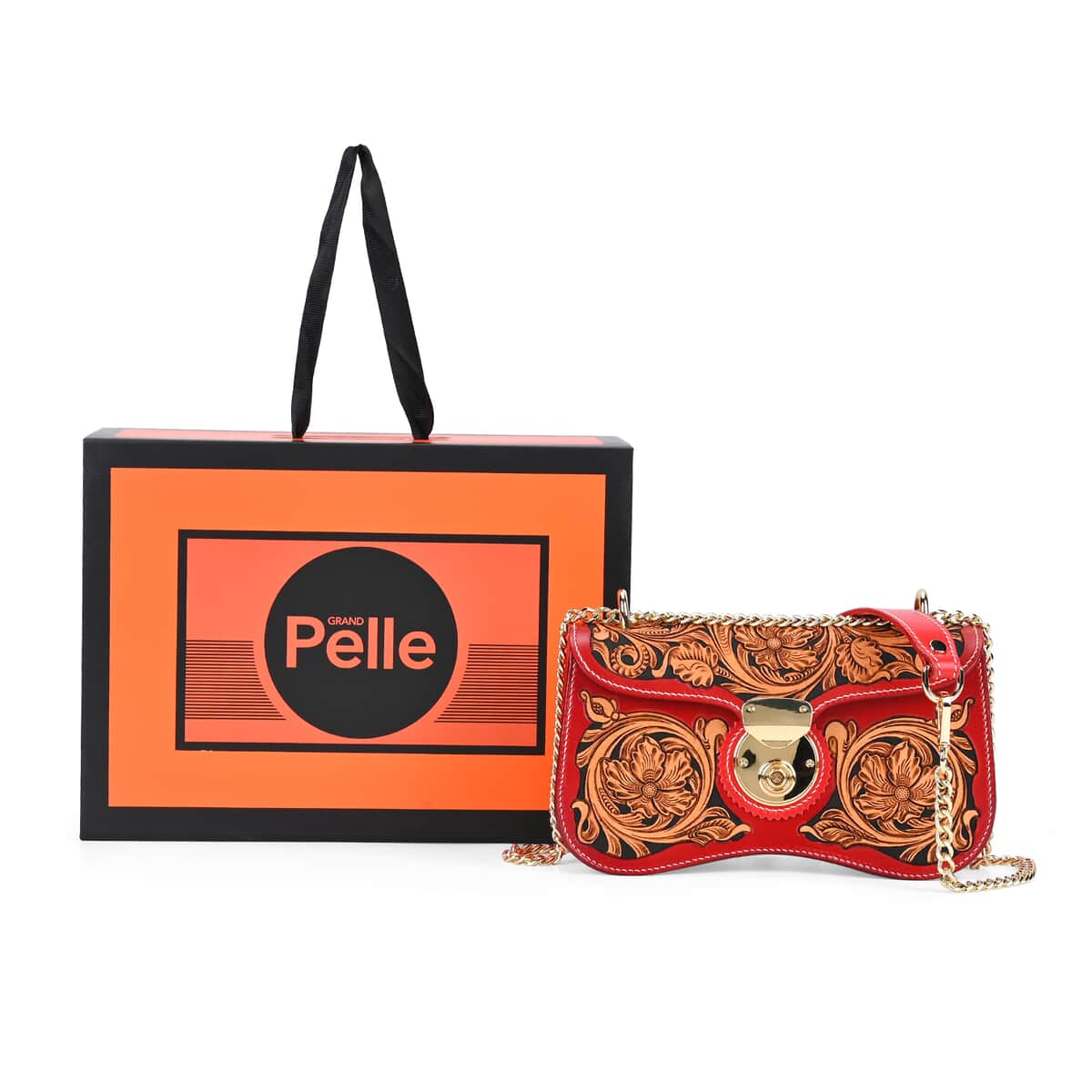 Grand Pelle Royal Collection Red with Solid Color Hand Engraving Flower Pattern Genuine Leather Crossbody Bag with Shoulder Strap image number 5