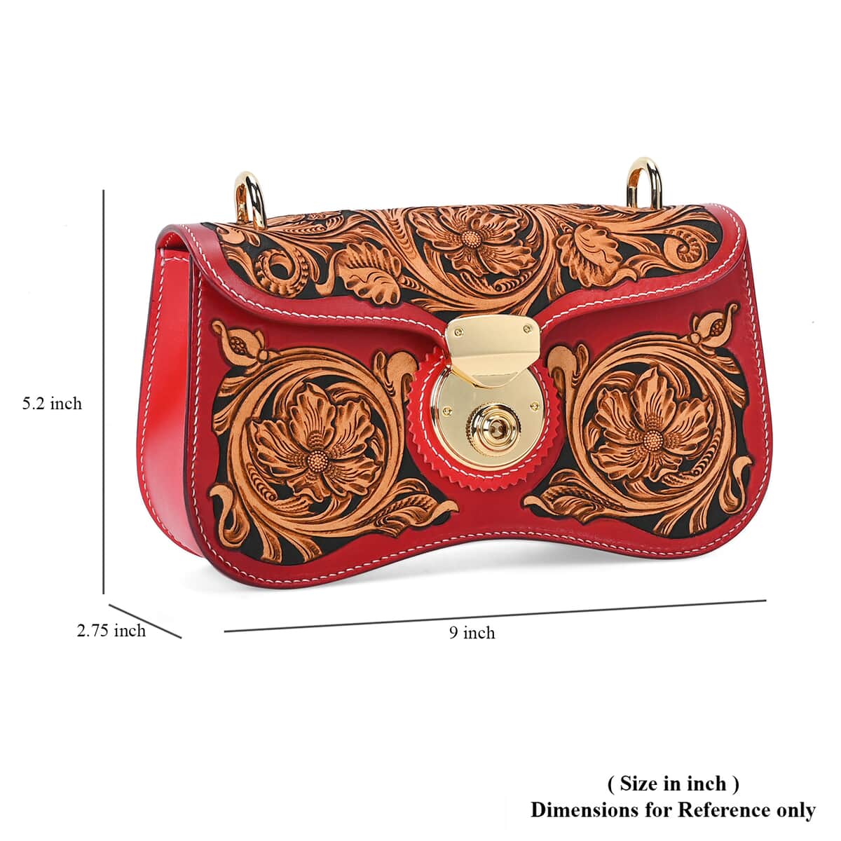 Grand Pelle Royal Collection Red with Solid Color Hand Engraving Flower Pattern Genuine Leather Crossbody Bag with Shoulder Strap image number 6