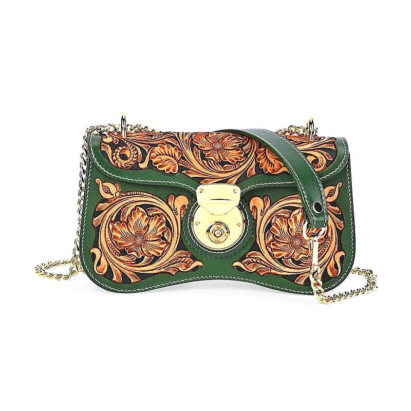 Grand Pelle Royal Collection Green with Solid Color Hand Engraving Flower Pattern Genuine Leather Crossbody Bag with Shoulder Strap