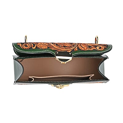 Grand Pelle Royal Collection Green with Solid Color Hand Engraving Flower Pattern Genuine Leather Crossbody Bag with Shoulder Strap