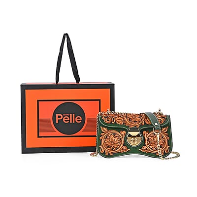 Grand Pelle Royal Collection Green with Solid Color Hand Engraving Flower Pattern Genuine Leather Crossbody Bag with Shoulder Strap