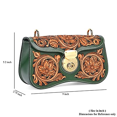 Grand Pelle Royal Collection Green with Solid Color Hand Engraving Flower Pattern Genuine Leather Crossbody Bag with Shoulder Strap