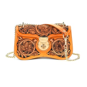 Grand Pelle Royal Collection Orange with Solid Color Hand Engraving Flower Pattern Genuine Leather Crossbody Bag with Shoulder Strap