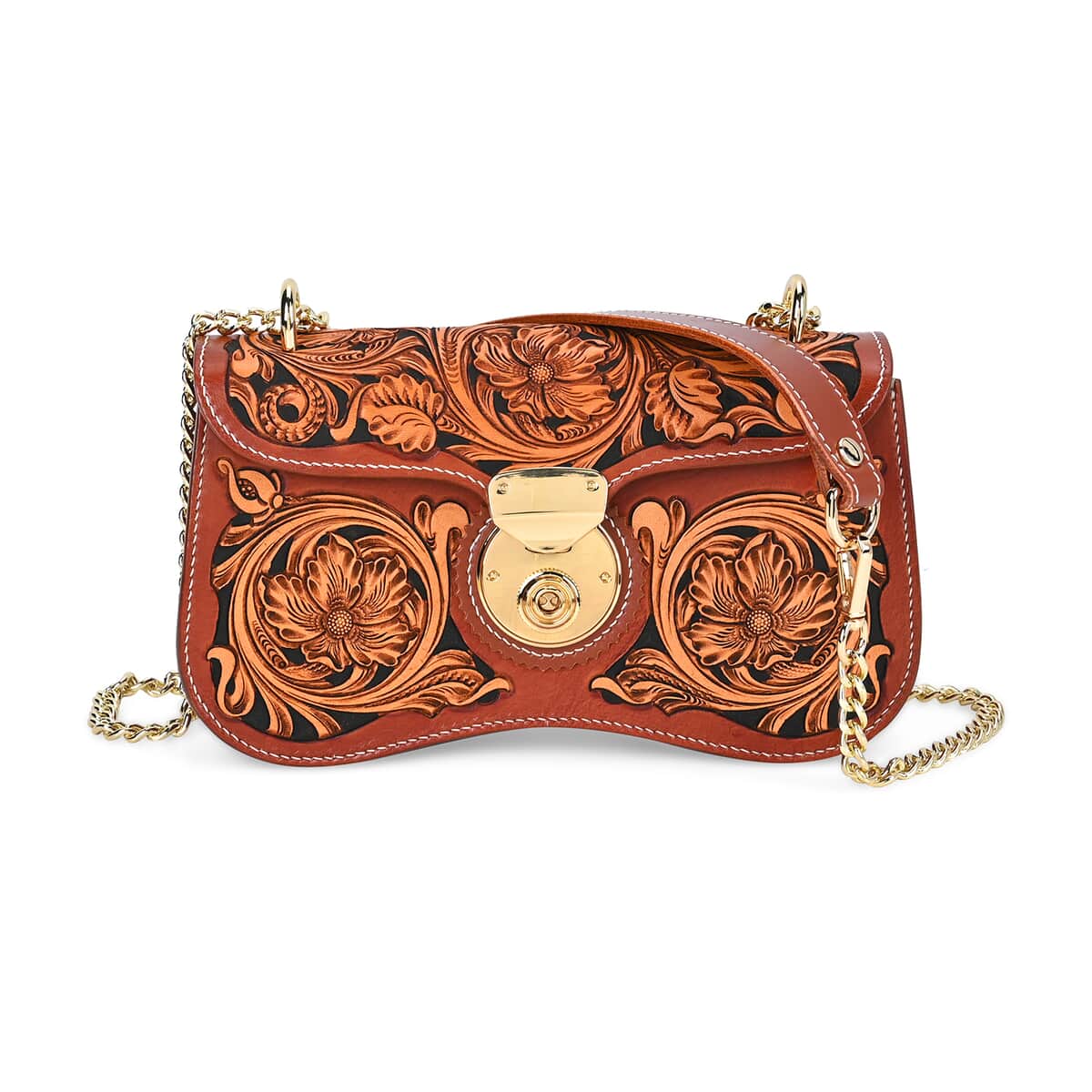 Grand Pelle Royal Collection Brown with Solid Color Hand Engraving Flower Pattern Genuine Leather Crossbody Bag with Shoulder Strap image number 0