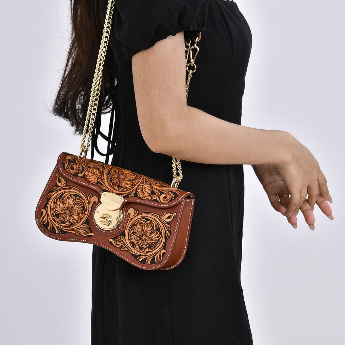 Grand Pelle Royal Collection Brown with Solid Color Hand Engraving Flower Pattern Genuine Leather Crossbody Bag with Shoulder Strap image number 2