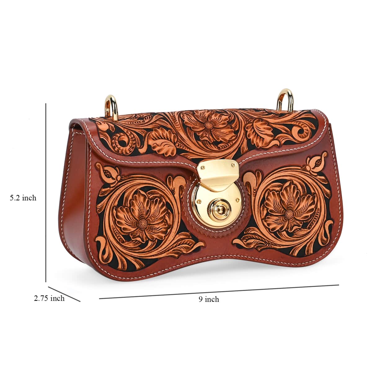 Grand Pelle Royal Collection Brown with Solid Color Hand Engraving Flower Pattern Genuine Leather Crossbody Bag with Shoulder Strap image number 6