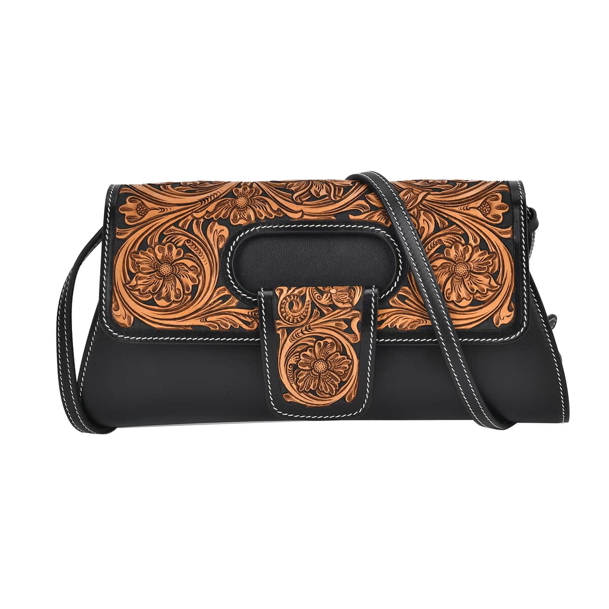 Grand Pelle Black with Solid Color Hand Engraving Flower Pattern Genuine Leather Crossbody Bag (11.7"x5.9"x2.75") with Shoulder Strap image number 0