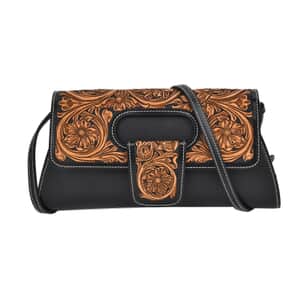 Grand Pelle Royal Collection Black with Solid Color Hand Engraving Flower Pattern Genuine Leather Crossbody Bag with Shoulder Strap