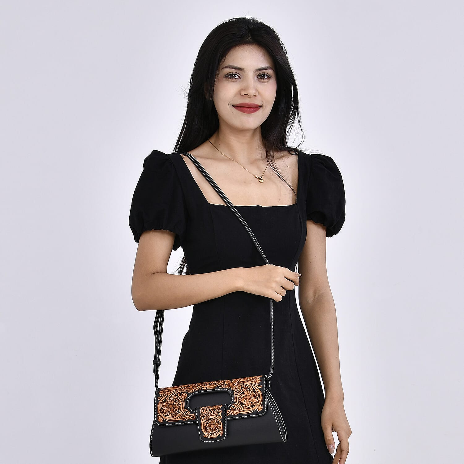 Grand Pelle Royal Collection Black with Solid Color Hand Engraving Flower Pattern Genuine Leather Crossbody Bag with Shoulder Strap