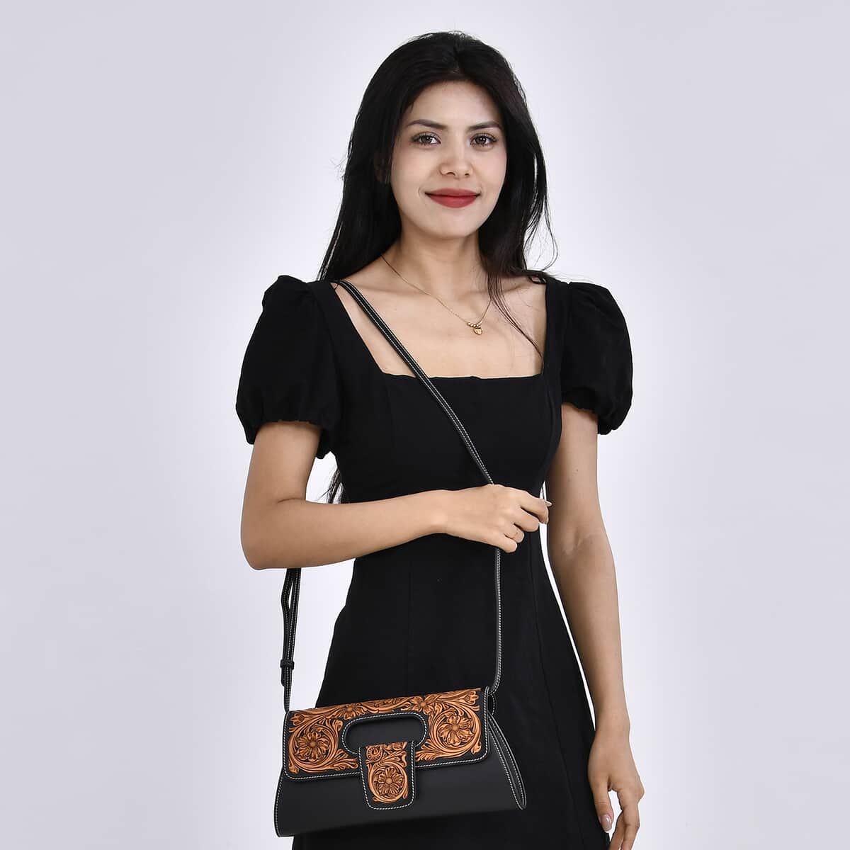 Grand Pelle Royal Collection Black with Solid Color Hand Engraving Flower Pattern Genuine Leather Crossbody Bag with Shoulder Strap image number 1