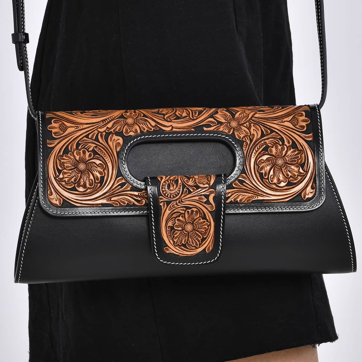 Grand Pelle Black with Solid Color Hand Engraving Flower Pattern Genuine Leather Crossbody Bag (11.7"x5.9"x2.75") with Shoulder Strap image number 2