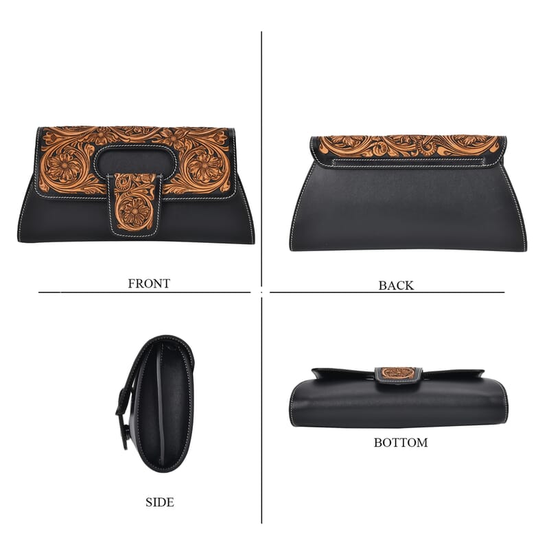 Grand Pelle Royal Collection Black with Solid Color Hand Engraving Flower Pattern Genuine Leather Crossbody Bag with Shoulder Strap