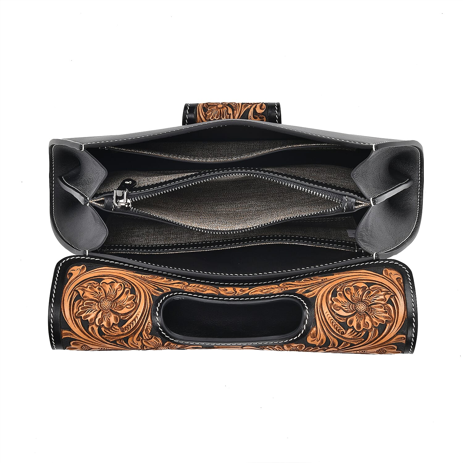 Grand Pelle Royal Collection Black with Solid Color Hand Engraving Flower Pattern Genuine Leather Crossbody Bag with Shoulder Strap