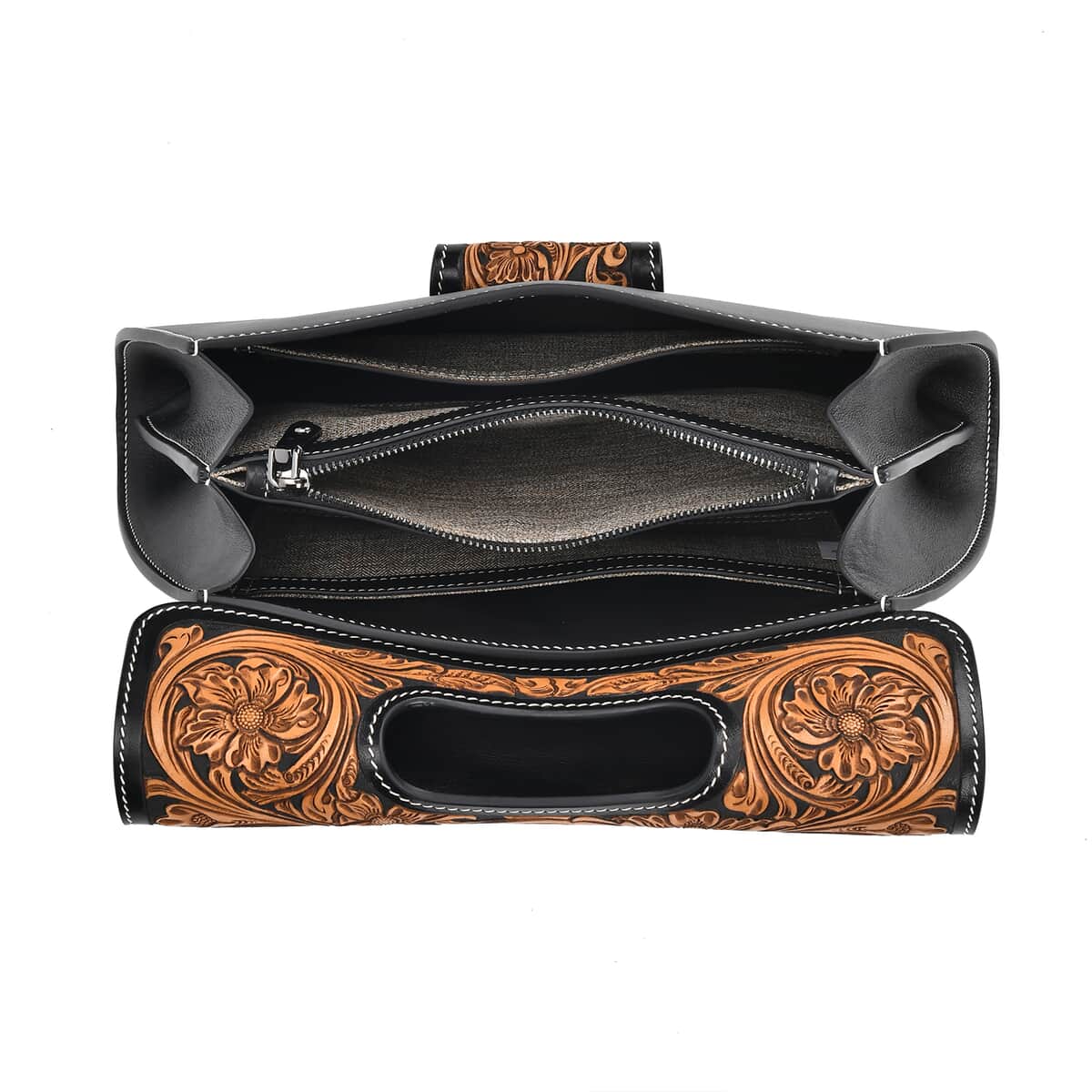 Grand Pelle Black with Solid Color Hand Engraving Flower Pattern Genuine Leather Crossbody Bag (11.7"x5.9"x2.75") with Shoulder Strap image number 4