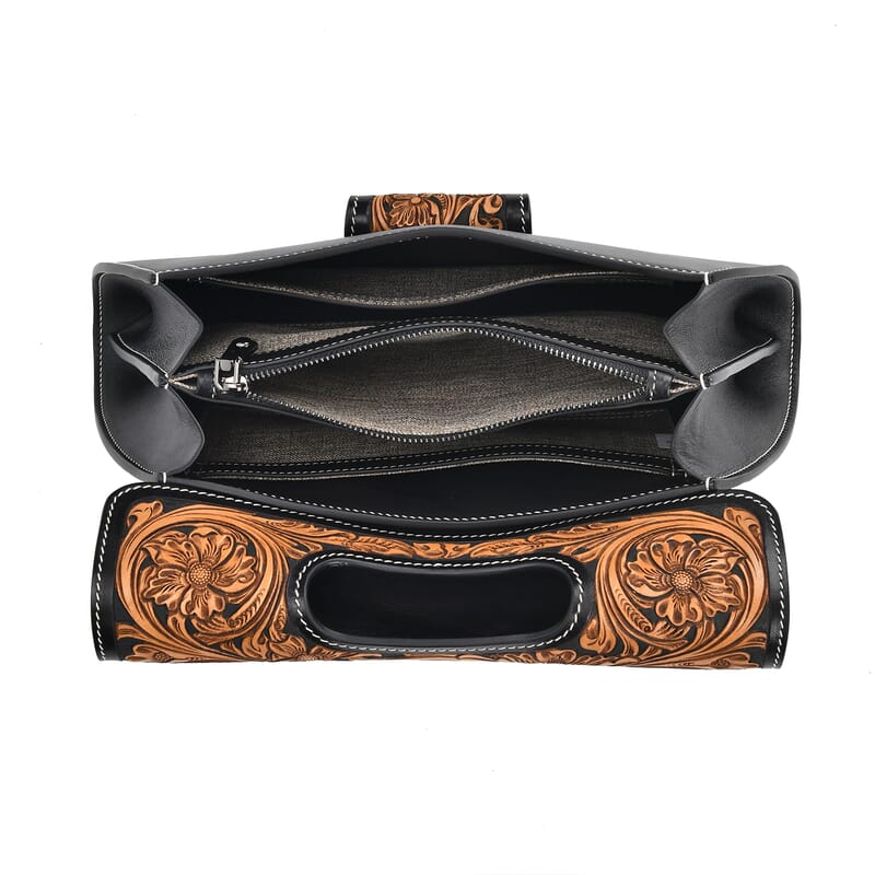 Grand Pelle Royal Collection Black with Solid Color Hand Engraving Flower Pattern Genuine Leather Crossbody Bag with Shoulder Strap
