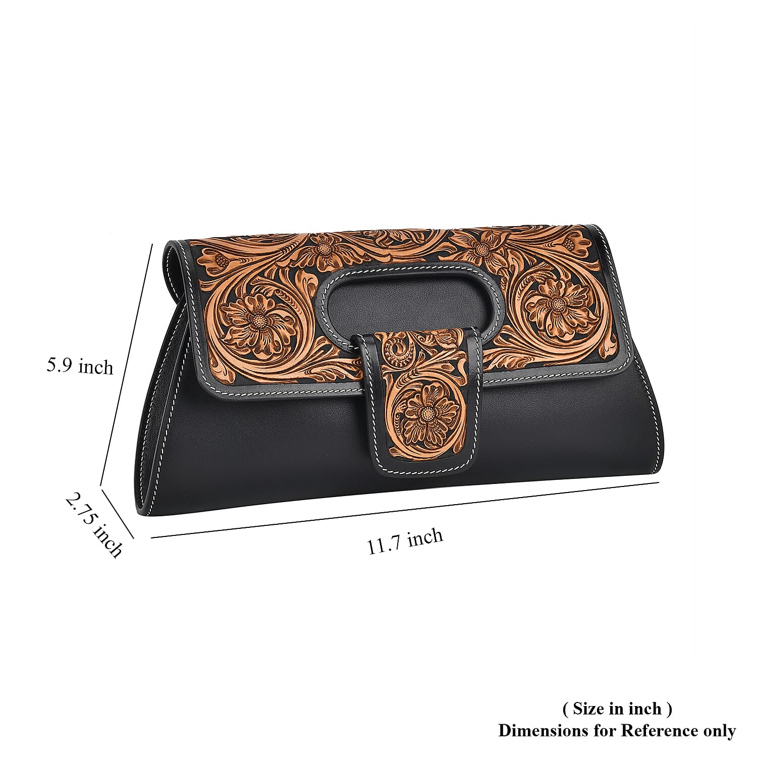 Grand Pelle Royal Collection Black with Solid Color Hand Engraving Flower Pattern Genuine Leather Crossbody Bag with Shoulder Strap