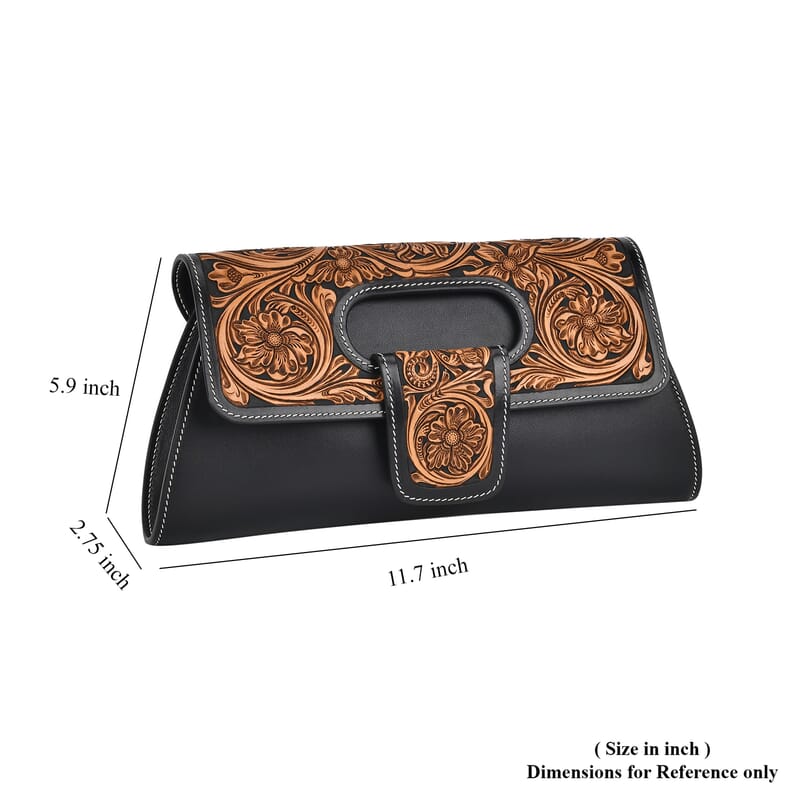 Grand Pelle Royal Collection Black with Solid Color Hand Engraving Flower Pattern Genuine Leather Crossbody Bag with Shoulder Strap