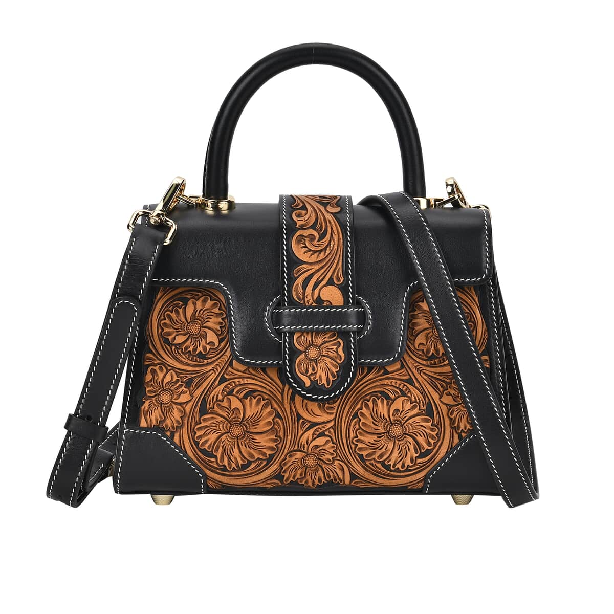 Grand Pelle Black with Solid Color Hand Engraving Flower Pattern Genuine Leather Crossbody Bag (9"x6.5"x3.7") with Handle Drop and Shoulder Strap image number 0