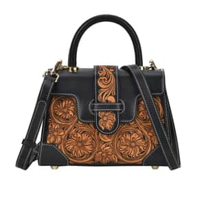 Grand Pelle Royal Collection Black with Solid Color Hand Engraving Flower Pattern Genuine Leather Crossbody Bag with Handle Drop and Shoulder Strap