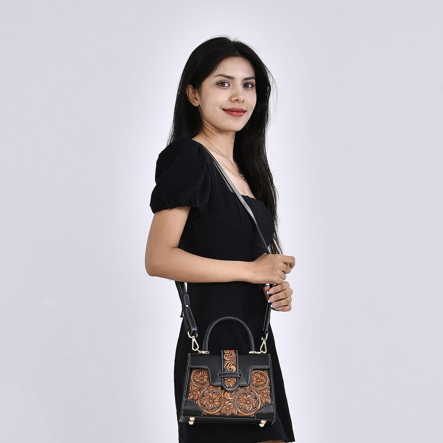 Grand Pelle Royal Collection Black with Solid Color Hand Engraving Flower Pattern Genuine Leather Crossbody Bag with Handle Drop and Shoulder Strap