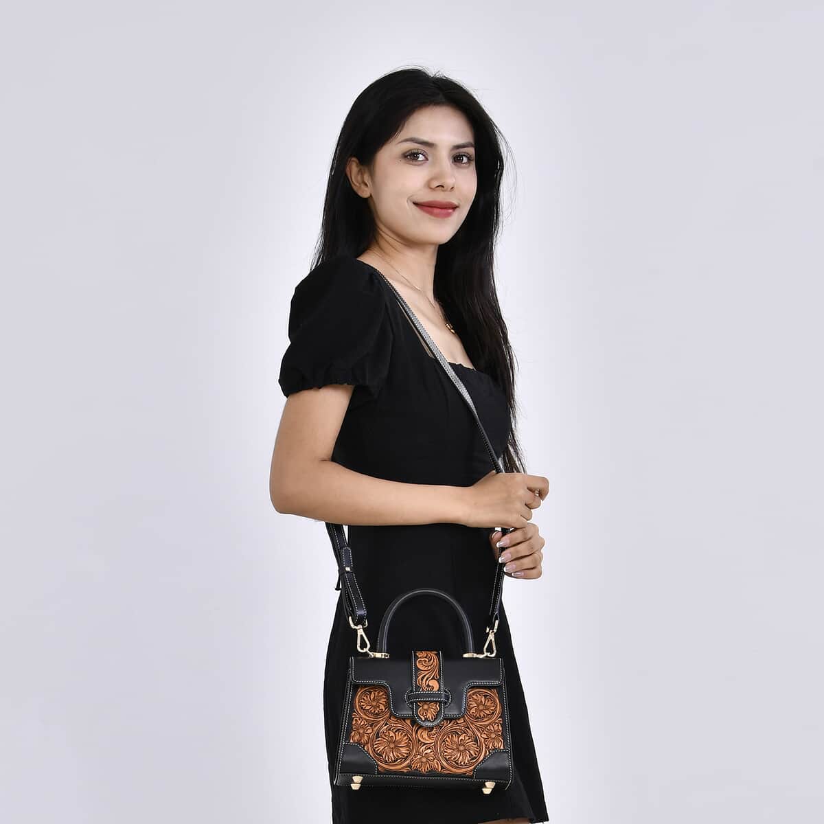 Grand Pelle Black with Solid Color Hand Engraving Flower Pattern Genuine Leather Crossbody Bag (9"x6.5"x3.7") with Handle Drop and Shoulder Strap image number 1