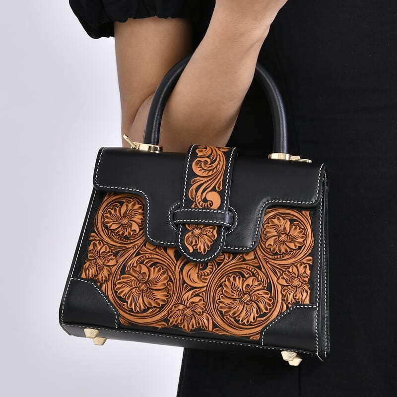 Grand Pelle Royal Collection Black with Solid Color Hand Engraving Flower Pattern Genuine Leather Crossbody Bag with Handle Drop and Shoulder Strap