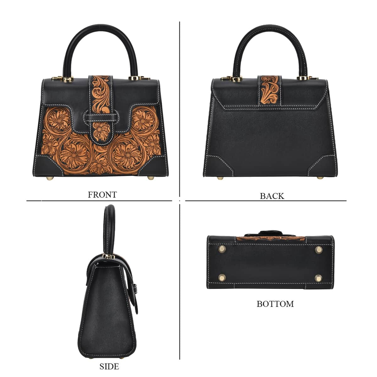 Grand Pelle Royal Collection Black with Solid Color Hand Engraving Flower Pattern Genuine Leather Crossbody Bag with Handle Drop and Shoulder Strap image number 3
